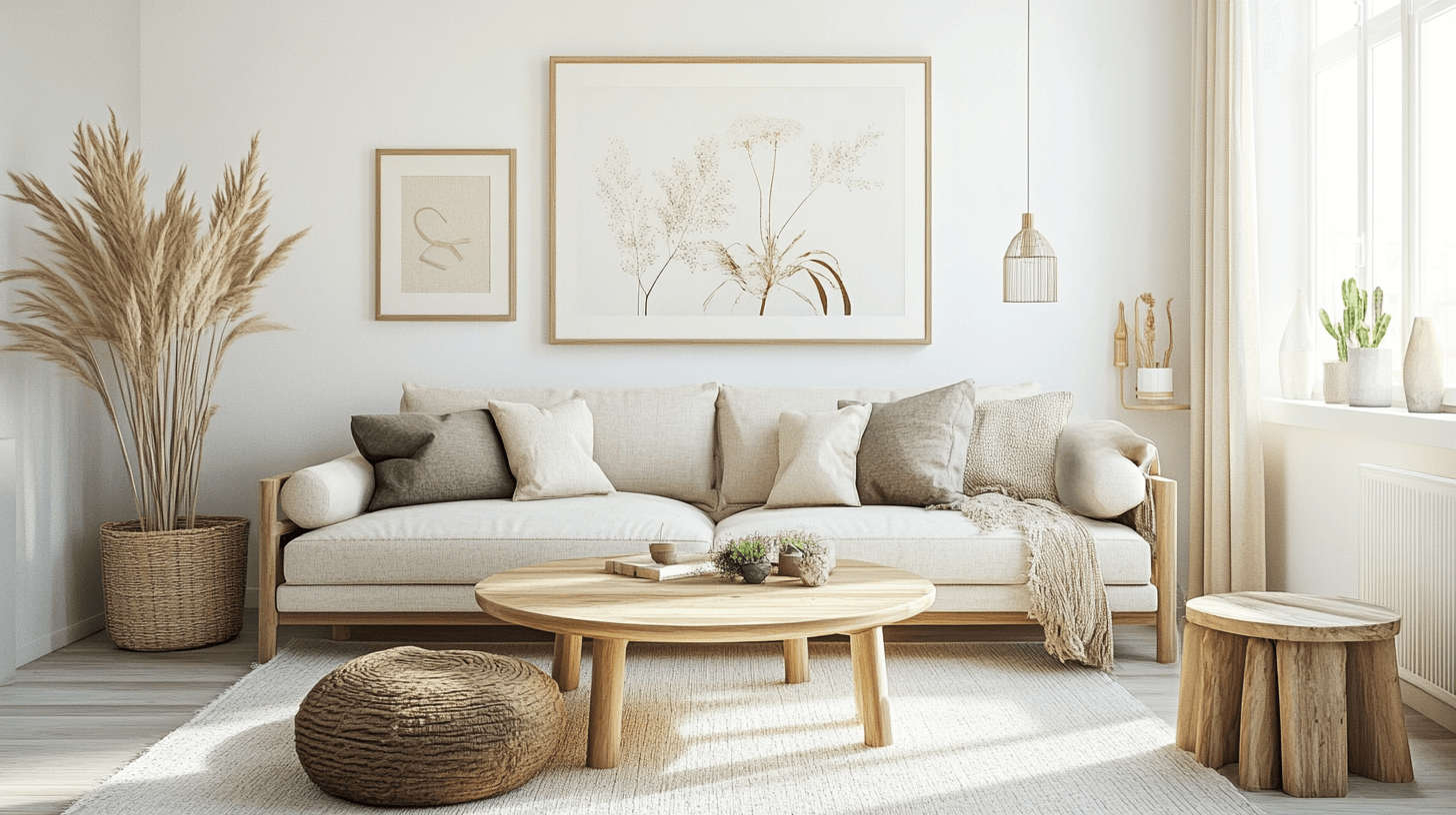 Woonkamer in Scandinavische stijl: Lichte kleuren en natuurlijke materialen