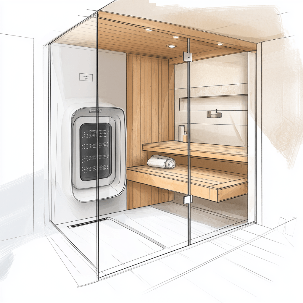 Planning en ontwerp van een badkamer met geïntegreerde sauna