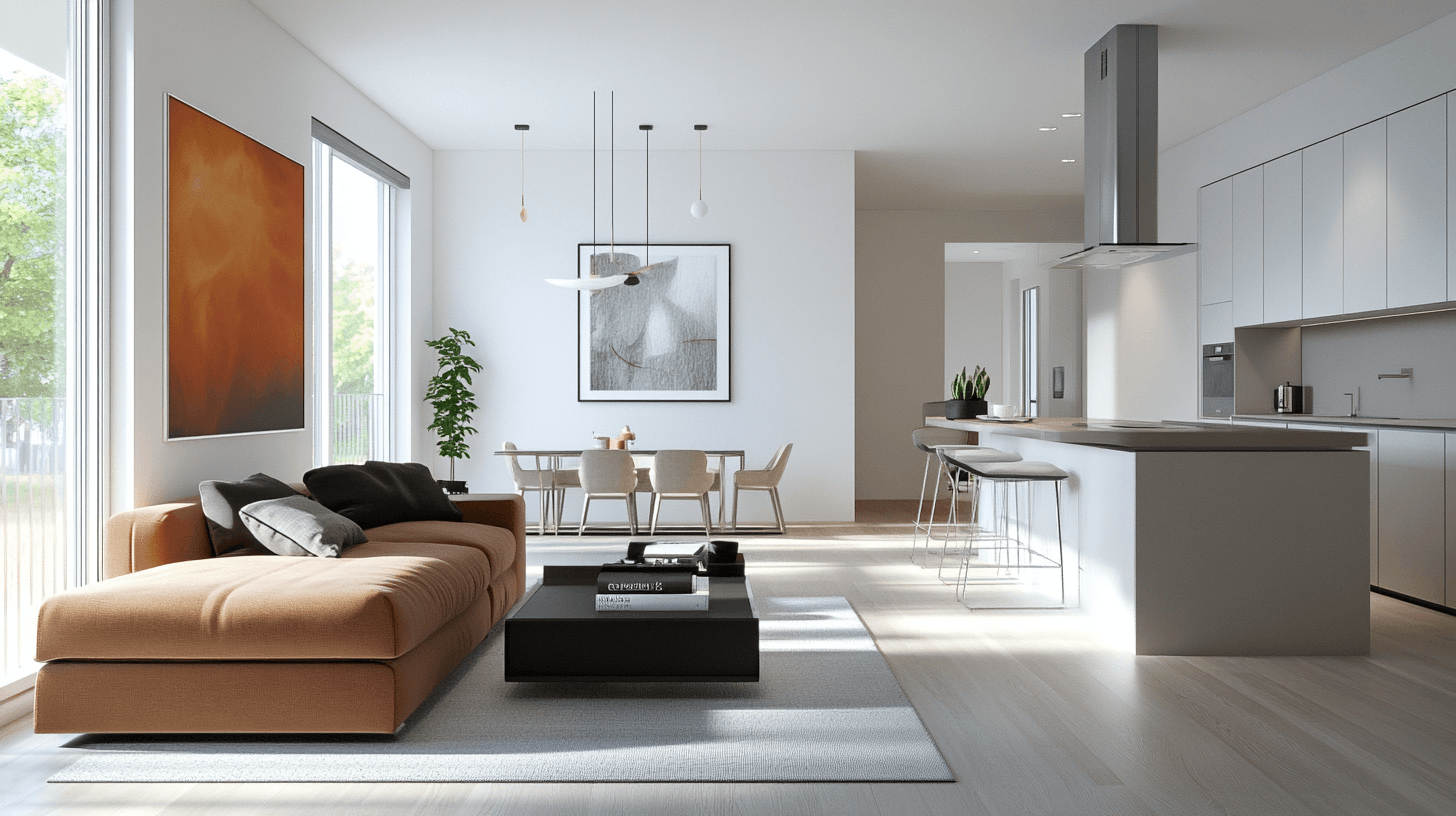 Woonkamer met open keuken en kookeiland: Modern en communicatief