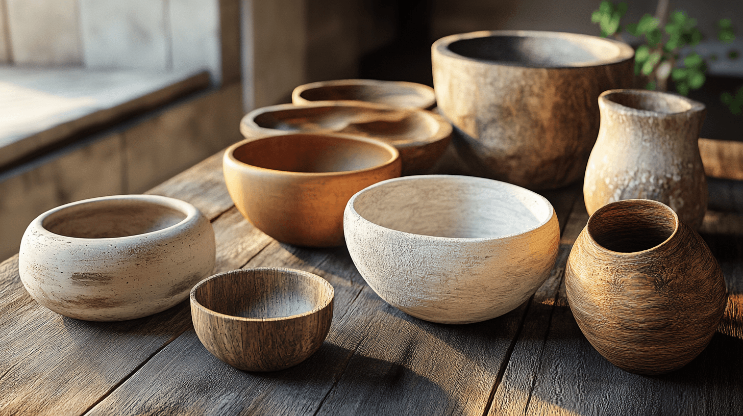 Schalen en vazen van natuurlijke materialen: hout, steen en klei