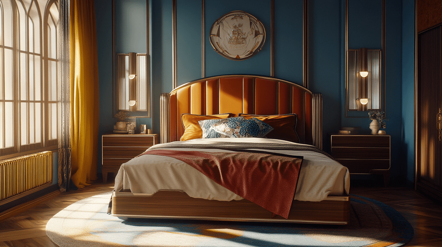 Kleurenschema in de Art-Deco-slaapkamer: Krachtige tinten en edele materialen