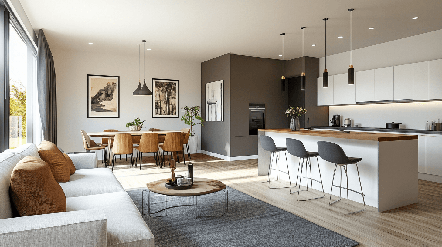 Woonkamer met open keuken en eetbar: Modern en communicatief