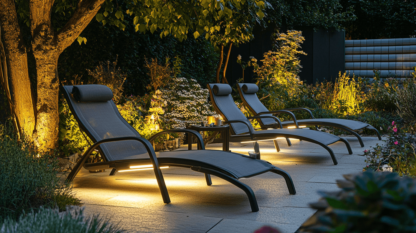 Verschillende soorten tuinmeubelen met LED-verlichting