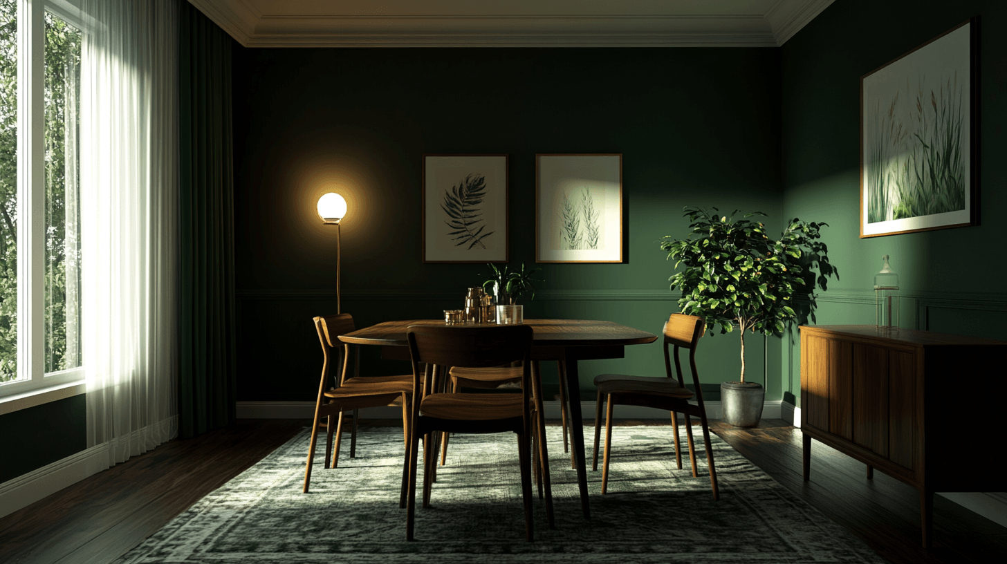 Donkergroene muren: De perfecte achtergrond voor je eetkamer