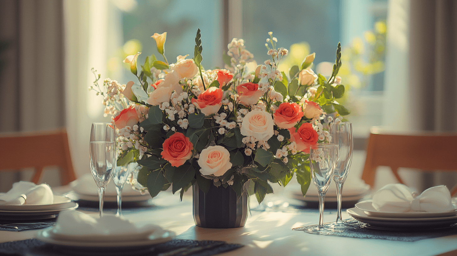 Creatieve rangschikking van bloemen op de tafel
