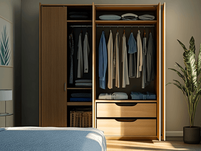 Offener Kleiderschrank im Schlafzimmer mit stilvoller Kleidung