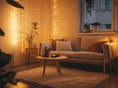 Ein gemütlich eingerichtetes Wohnzimmer im Hygge-Stil mit minimalistischen Möbeln und warmen Farben.