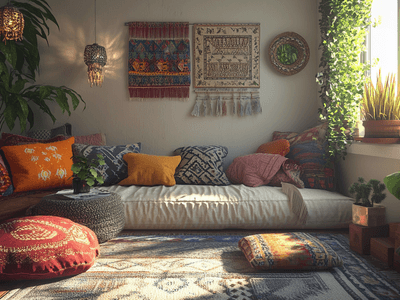 Wohnzimmer im Boho-Stil mit bunten Kissen und Pflanzen