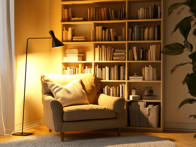 Ein Schlafzimmer mit einer gemütlichen Leseecke, ausgestattet mit einem Sessel, Bücherregal und Stehlampe.